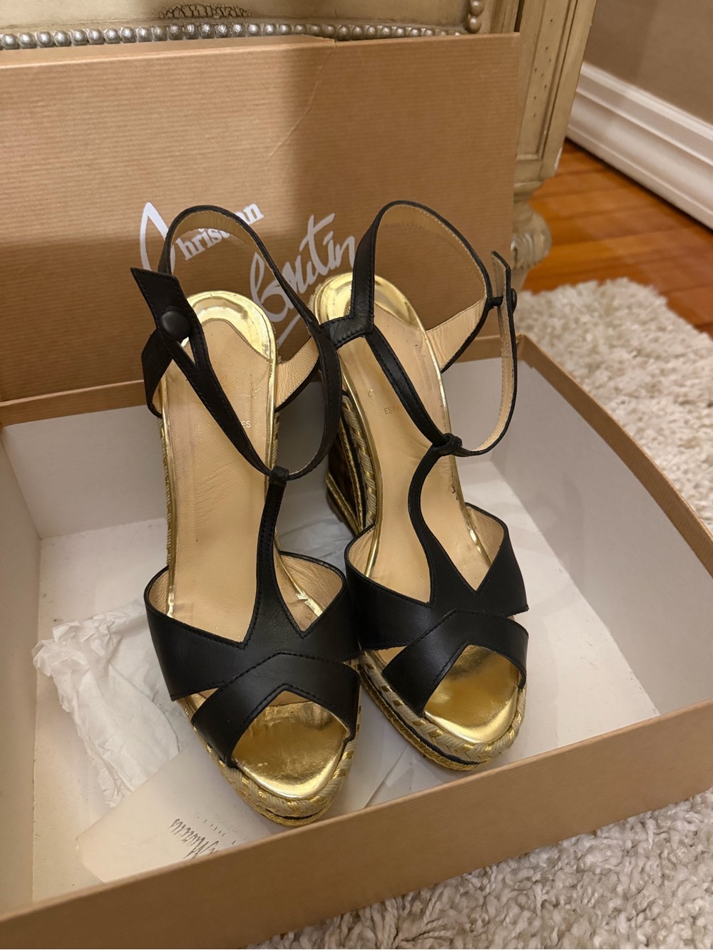 Christian Louboutin Leopard Print and Blue Trim Wedge Sandals with Red Soles